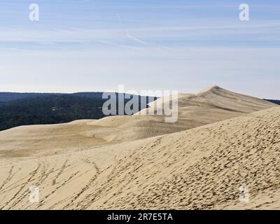 The Pilat Dune or Pyla Dune, on the edge of the forest of Landes de Gascogne on the Silver Coast at the entrance to the Arcachon Basin, is the highest Stock Photo