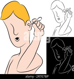 An image of a man cleaning ear with a cotton swab. Stock Vector
