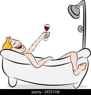 An image of a man drinking wine in the bathtub. Stock Vector