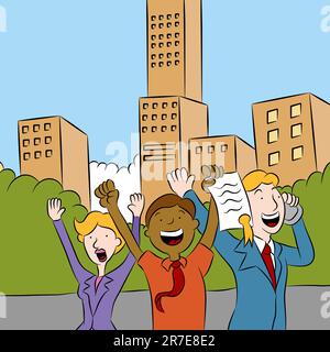 An image of a team of business people receiving an approved contract in the city. Stock Vector