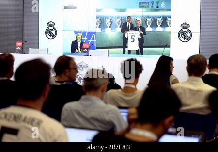 The behind the scenes unveiling of Real Madrid new signing Jude Bellingham is displayed on a giant screen ahead of a press conference at Ciudad Real Madrid, Valdebebas, Madrid. Jude Bellingham has joined a select group of British players in signing for Real Madrid. The 19-year-old England international has agreed a six-year deal to move to the Bernabeu from Borussia Dortmund. Picture date: Thursday June 15, 2023. Stock Photo