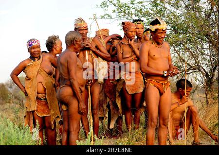 Bushmen people also know as san, saan o basarwa. The San are the oldest inhabitants of Southern Africa. They are a hunter-gatherer people. Tsumkwe, Ot Stock Photo
