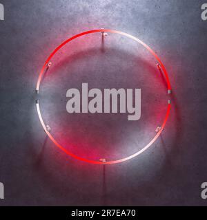 Round shaped glowing neon frame on dark gray concrete wall. White to red gradient color glow. 3d illustration. Stock Photo