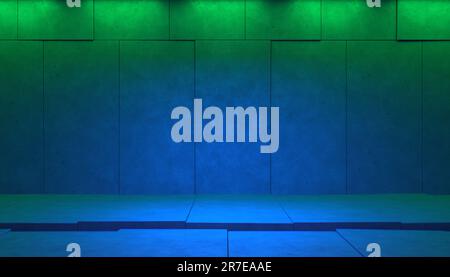 Neon lights on concrete wall, illuminated colorful background stage, 3d render Stock Photo