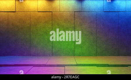 Colorful neon lights on concrete slabs, empty background scene, 3d illustration Stock Photo