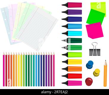 Stationery - Papers, Crayons, Markers, Pushpins, Clip, Pencil and Memo Sticks Stock Vector