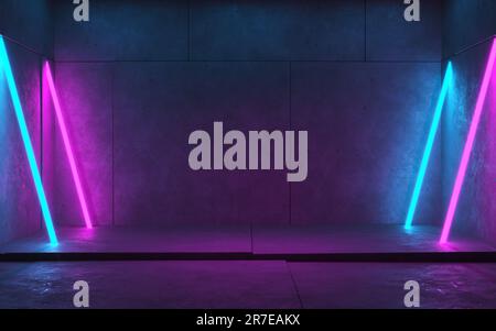 Futuristic concrete room with blue and pink neon glowing lights on concrete plate background with rough floor, 3d illustration Stock Photo