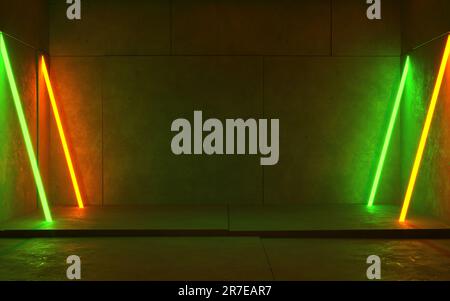 Futuristic concrete room with green and yellow neon glowing lights on concrete plate background with rough floor, 3d illustration Stock Photo