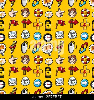 cartoon hand draw web icons seamless pattern with yellow background Stock Vector