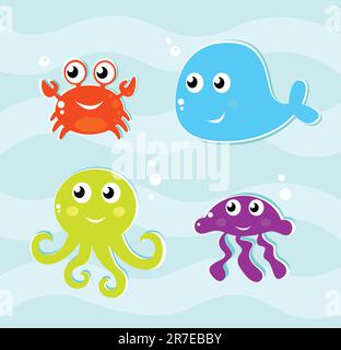 4 water animals icons set. Vector Illustration. Stock Vector