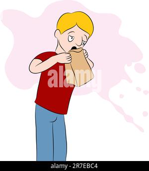 An image of a man using a barf bag. Stock Vector