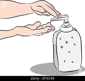 An image of a person cleaning hands with hand sanitizer. Stock Vector