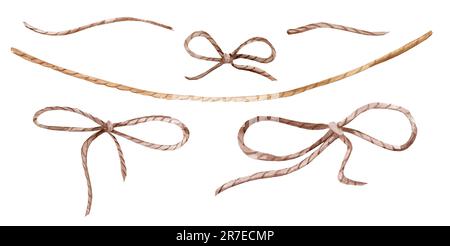 Watercolor jute rope with bow knot. Hand drawn cord clipart