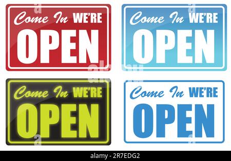 Various Come In We're Open sign. neon, blue, red. Stock Vector