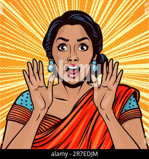 Vector Banner with Indian Woman, Wow Face, Holding Hands, Arms, Palms Near Her Cheeks in Pop Art Comic Style. Advertising Poster for Sale, Discount Stock Vector