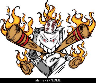 Cartoon Image of Flaming Baseball Bats and Home Plate with Baseball Stock Vector