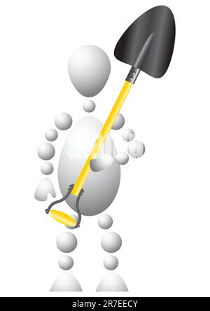 Man as worker with a big spade. Abstract 3d-human series from balls. Variant of white isolated on white background. A fully editable vector illustr... Stock Vector