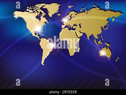 Technology Background - Golden World Map With Glowing Fibers Stock Vector