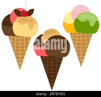 Cute Vector Illustration Set Of Ice Cream Scoop Many Colorful Flavors With  Toppings In Wafer Cone Isolated On White Background Stock Illustration -  Download Image Now - iStock