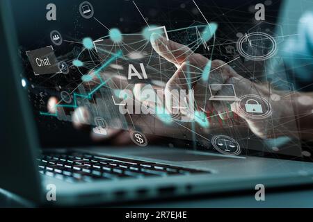 Businessman using chatbot in smartphone intelligence Ai.Chat GPT Chat with AI Artificial Intelligence, developed by OpenAI generate. Futuristic Stock Photo