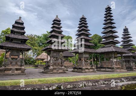 A wide angle photo of pagoda-like structures at the Taman Ayun Temple compound Stock Photo