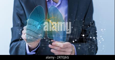 Medical doctor using advance technology big data visual display computer touch screen overlay in Science research Lab. Stock Photo