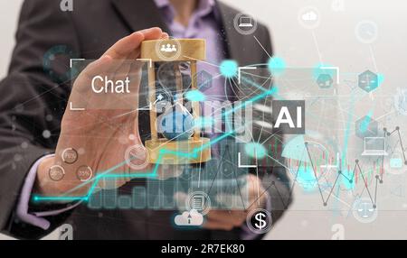 Businessman touching the brain working of Artificial Intelligence (AI) in the futuristic business and coding software development on interface and Stock Photo