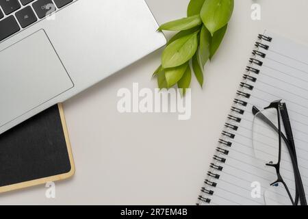 Workspace with blank notebook, laptop, office supplies, green leaf, and eyeglasses on white background. Flat lay, top view office table desk. Stock Photo