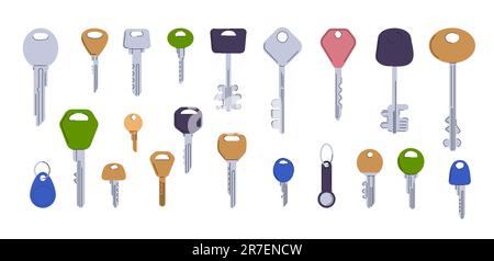 Door keys vector set. Modern keys different ornament heads. Metal elements for locks of boxes, flat, Stock Vector