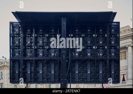 Barcelona - June 15, 2023: Rear of a giant led screen of modules. Stock Photo