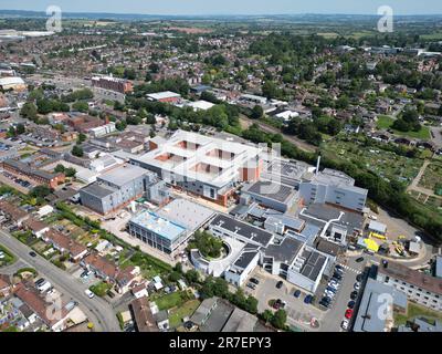 Hereford County Hospital aerial view of main hospital in Herefordshire showing the new new £21 million daycase surgical unit in foreground June 2023 Stock Photo