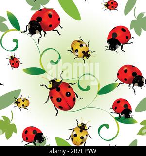 Seamless colourful pattern with ladybugs and leaves Stock Vector