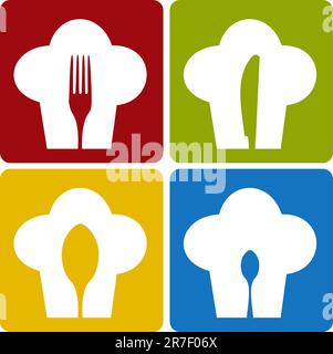 Chef icons. Chef hat silhouette pattern with cutlery inside on different background. Vector available. Stock Vector