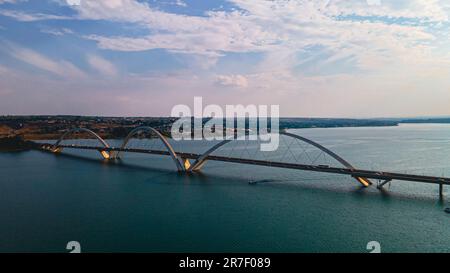 Juscelino Kubitschek Bridge. is a steel and concrete arch bridge across Lake Paranoá in Brasília, Brazil Stock Photo
