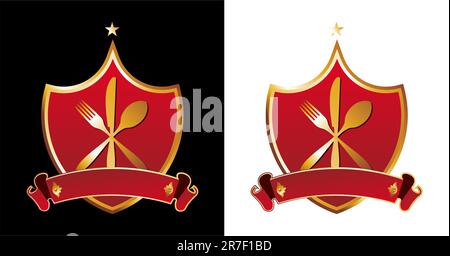 Cutlery icons. Golden cutlery silhouettes in shields on black and white backgrounds.  Vector illustration. Stock Vector