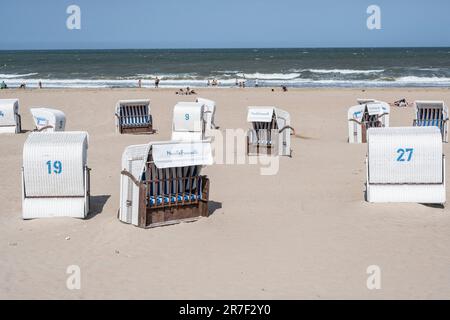 Merville-Franceville-Plage (Normandy, north-western France): beach and chairs in the shape of baskets Stock Photo