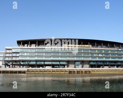 Craven Cottage football stadium showing the new Riverside stand seen from the River Thames Stock Photo