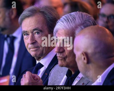 LVMH CEO Bernard Arnault and his son attend the men's final match of the  French Open, played at the Roland Garros stadium in Paris, France, on June  8, 2008. Spain's Nadal won