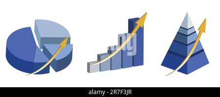 Illustration of Raising pie, pyramid and bar charts. isolated over a white background. / Raising charts Stock Vector