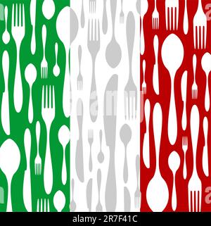 Italian Cuisine. Cutlery silhouettes: spoon, knife and fork pattern on green, white and red wide striped background as an icon of the country flag.... Stock Vector