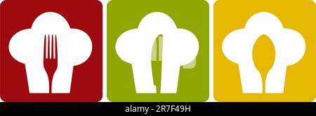 Chef icons. Chef hat silhouette pattern with cutlery inside on different background. Vector available. Stock Vector