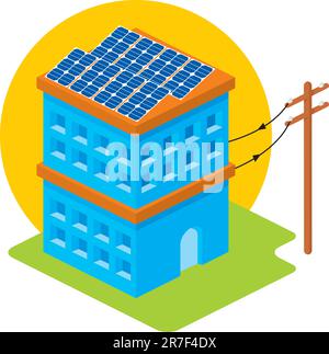 Isometric house with solar panels on roof connected to electricity pole Stock Vector