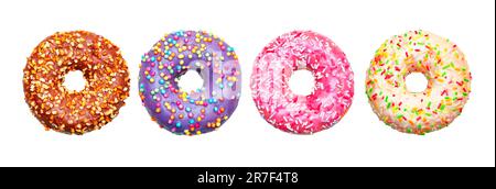Assorted donuts with colorful icing. Isolated on white background. Stock Photo