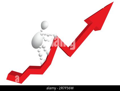 Man climbs a mountain as red arrow-diagram. Abstract 3d-human series from balls. Variant of white isolated on white background. A fully editable ve... Stock Vector