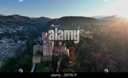 Aerial footage of the Alhambra palace and fortress in Granada Stock Photo