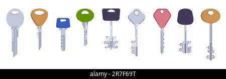 Door keys vector set. Modern keys different ornament heads. Metal elements for locks of boxes, flat, Stock Vector