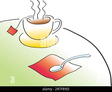 A hot cup of black tea and a spoon on a table. Tag can be removed in vector editing software to make coffee. Stock Vector