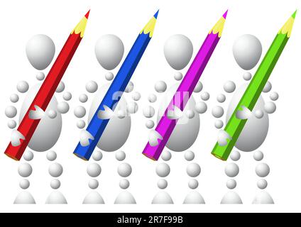 Group of four mans with colored pencils. Abstract 3d-human series from balls. Variant of white isolated on white background. A fully editable vecto... Stock Vector