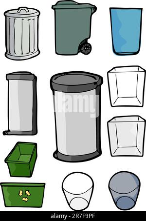 Drawings of various cans and bins used for trash, garbage and recycling purposes. Stock Vector