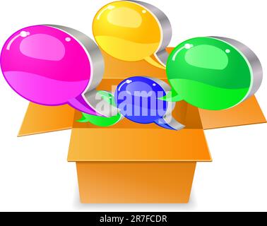 Bubble chat boxes  out from carton box. Vector illustration isolated on white background. Stock Vector